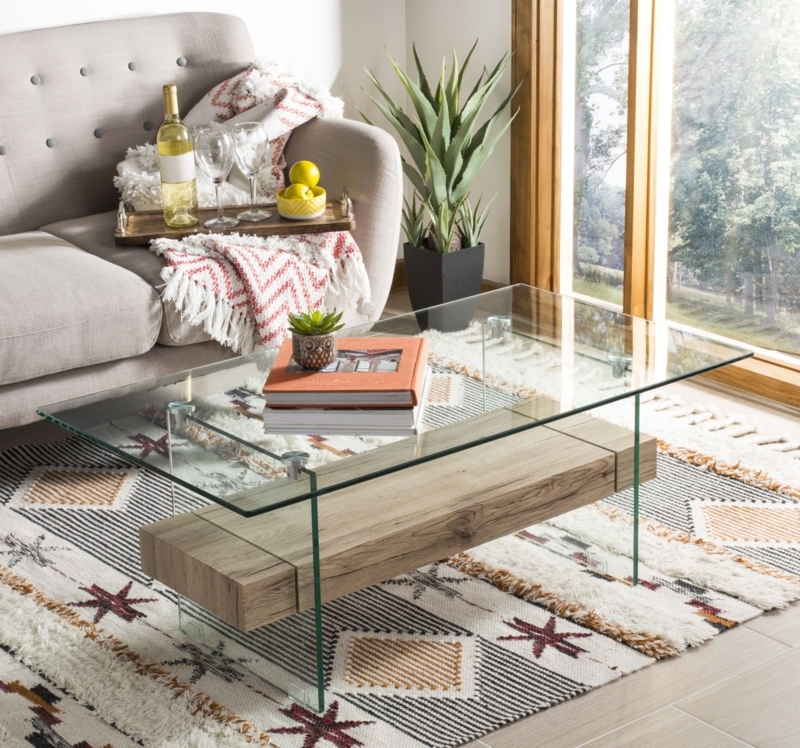 Coffee Table Rectangular Glass Support Frame Floating Wood Shelf