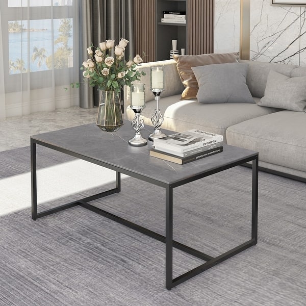 Coffee Table: Rectangular Grey Stone Slim Profile Sled Base