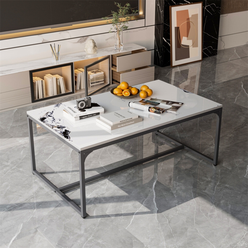 Coffee Table: Rectangular High Contrast Marble Charcoal Frame