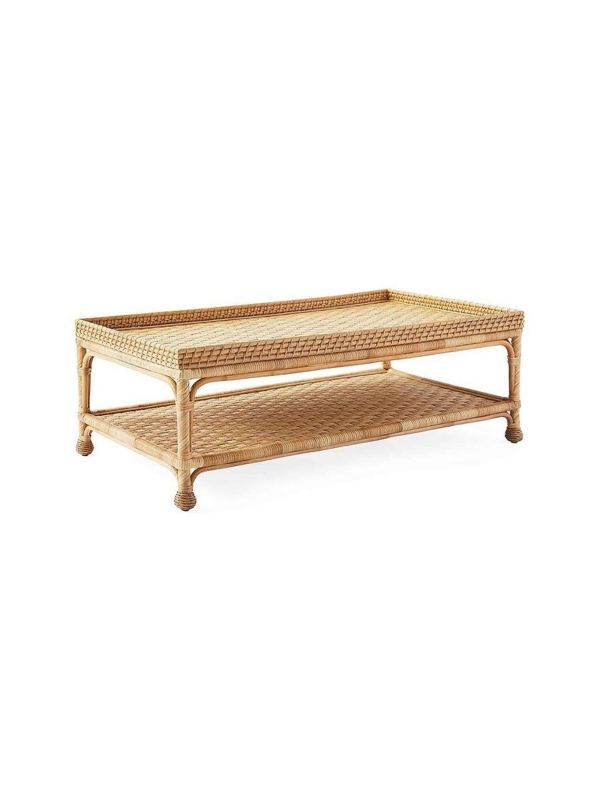 Coffee Table Rectangular Rattan Two Tier Tray Top Banded Legs