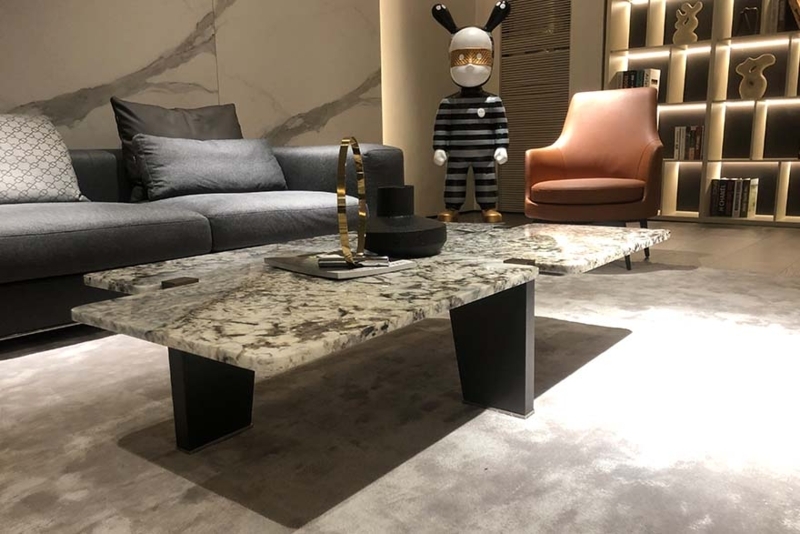 Coffee Table: Rectangular Veined Stone Angled Black Slab Legs