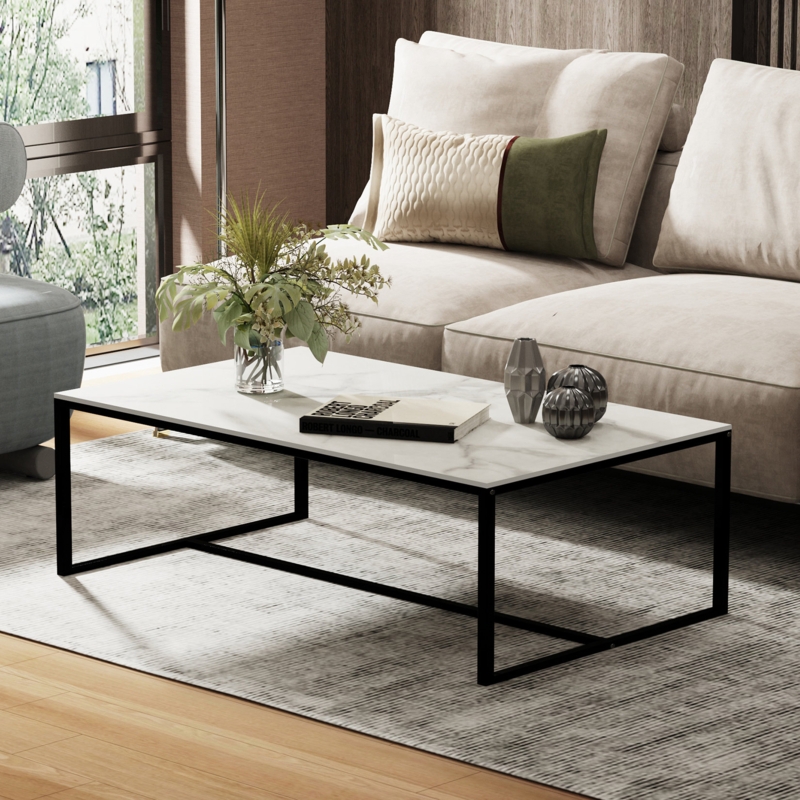 Coffee Table: Rectangular White Stone Black Sled Base
