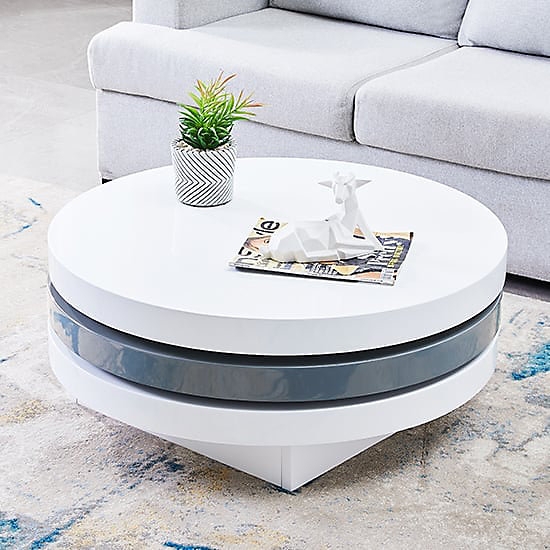 Coffee Table Rotating Tiers High Gloss White Grey Circular Design