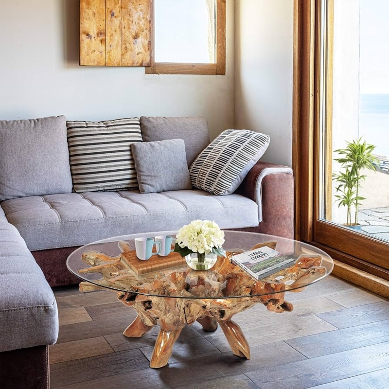 Coffee Table Round Glass Top Sculptural Root Base Organic Wood Multi Leg.