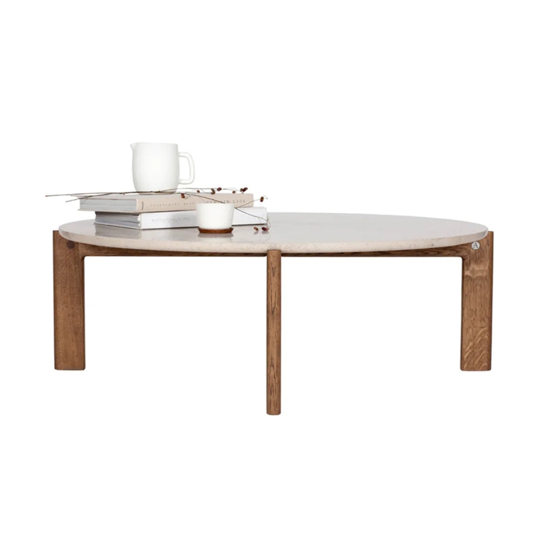 Coffee Table: Round Inset Stone Top Walnut Cylindrical Legs