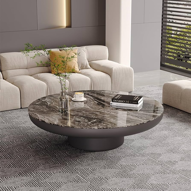 Coffee Table: Round Low Profile Heavy Pedestal Stone Top