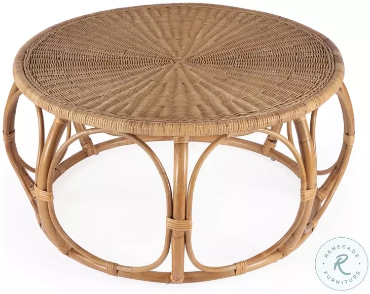 Coffee Table Round Natural Rattan Woven Sunburst Top Open Loop Base