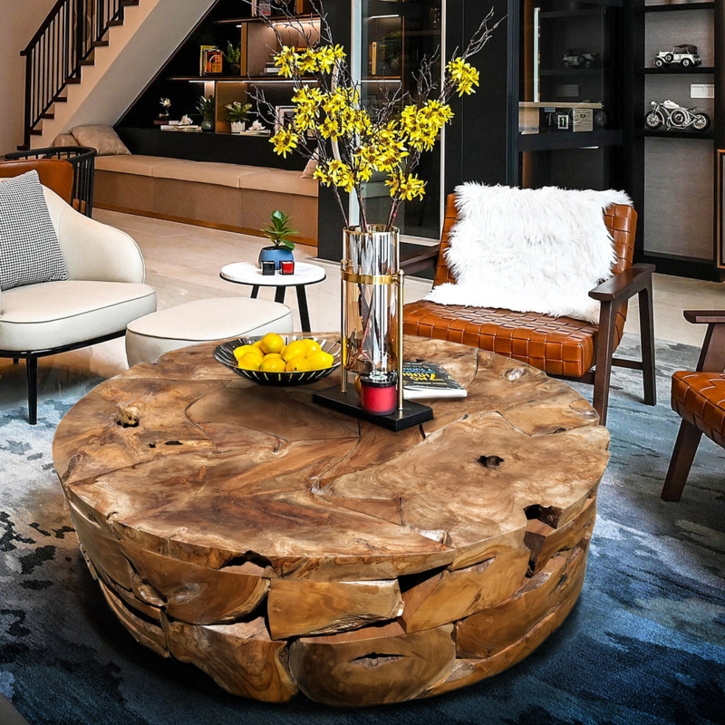 Coffee Table Round Recycled Teak Root Interlocking Pieces Akar 47 Inch.