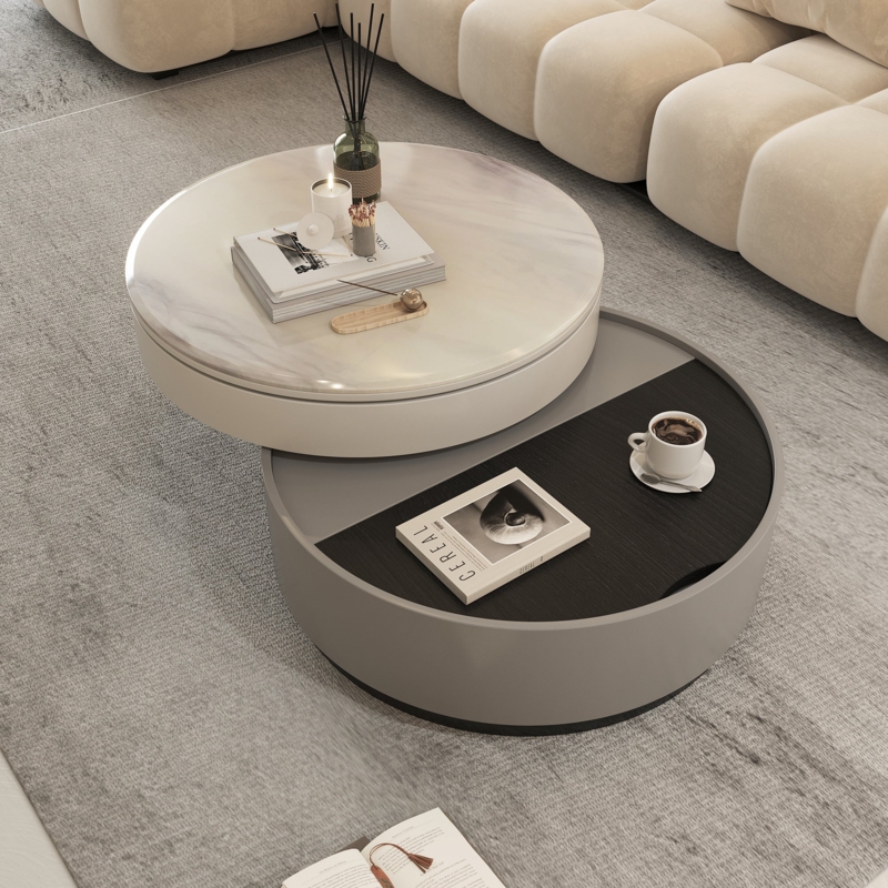 Coffee Table: Round Rotating Stone Top Two Tone Storage Base