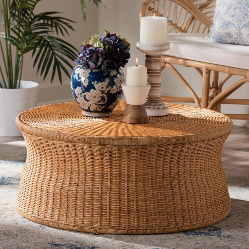 Coffee Table Round Wicker Flared Drum Base with Radial Weave Top
