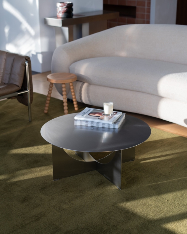 Coffee Table: Sculptural Intersecting Base in Brushed Stainless Steel