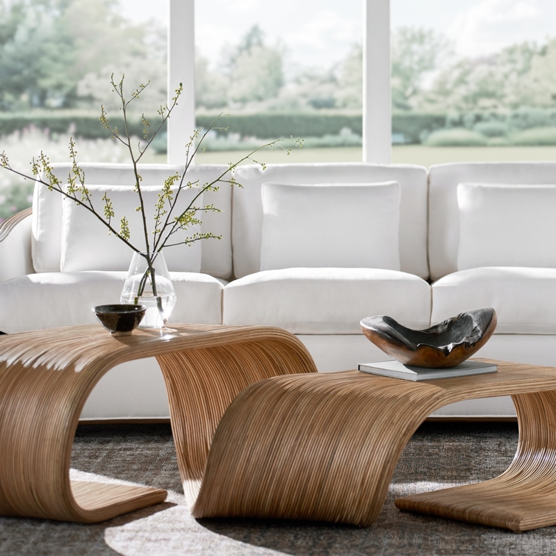 Coffee Table Sculptural Rattan Curved Ribbon Design Ribbed Texture