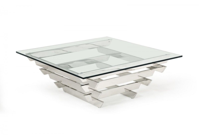 Coffee Table Sculptural Square Glass with Interlocking Slats Base
