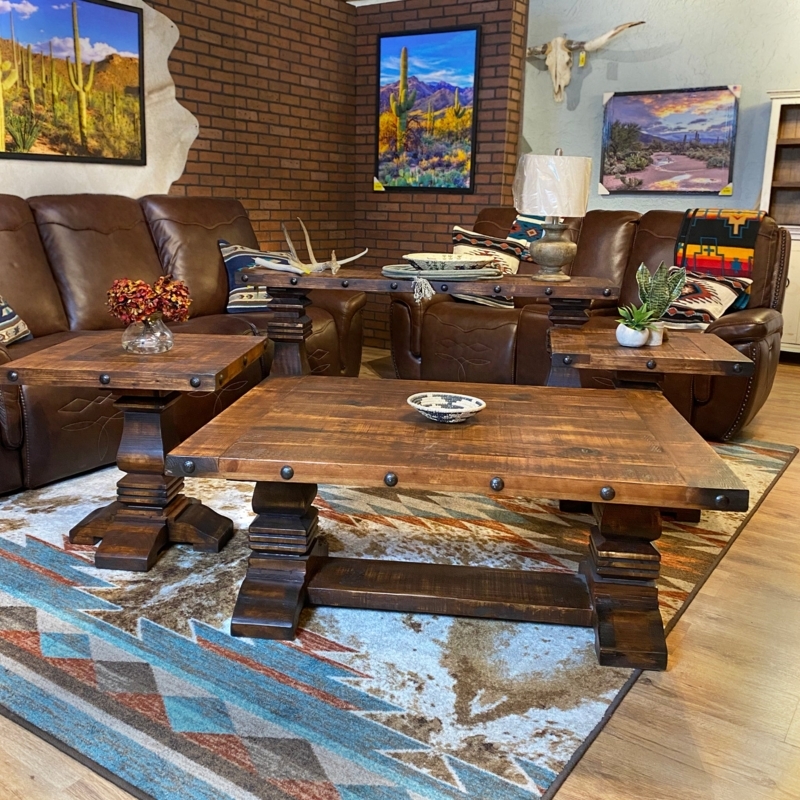 Coffee Table Set featuring Oversized Nailhead Trim and Chunky Pedestals