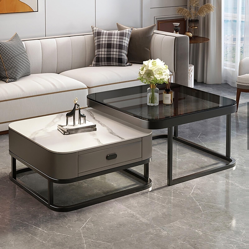 Coffee Table Set Nesting Square with Smoked Glass and Marble Top