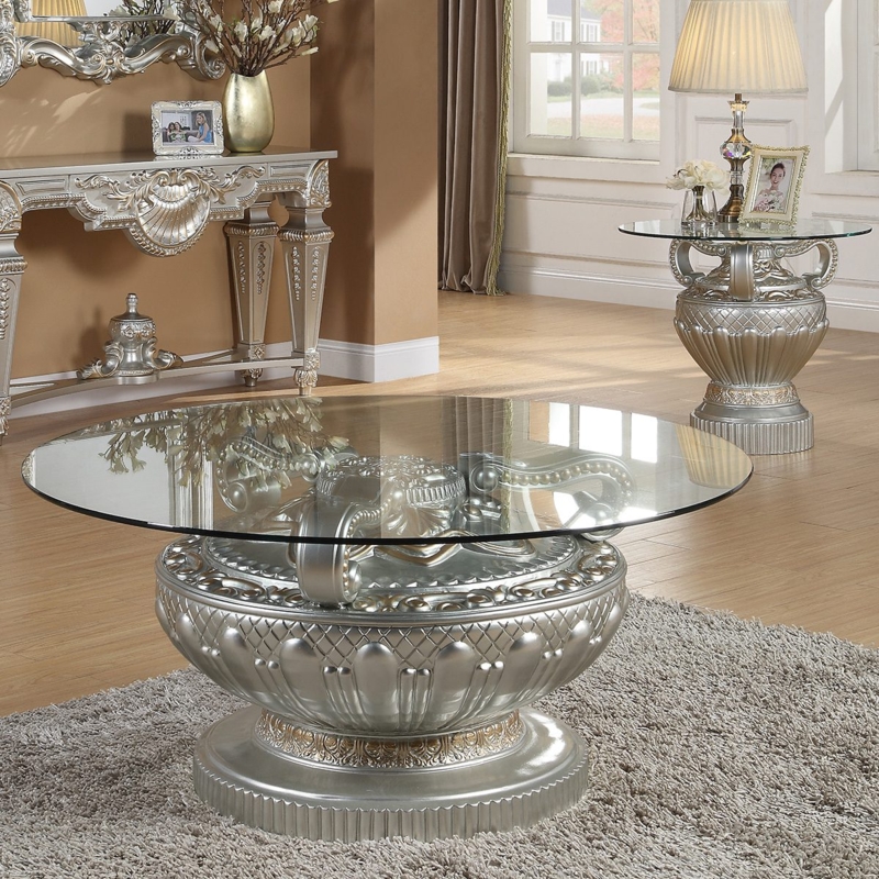Coffee Table Set Urn Base Metallic Silver Baroque Style