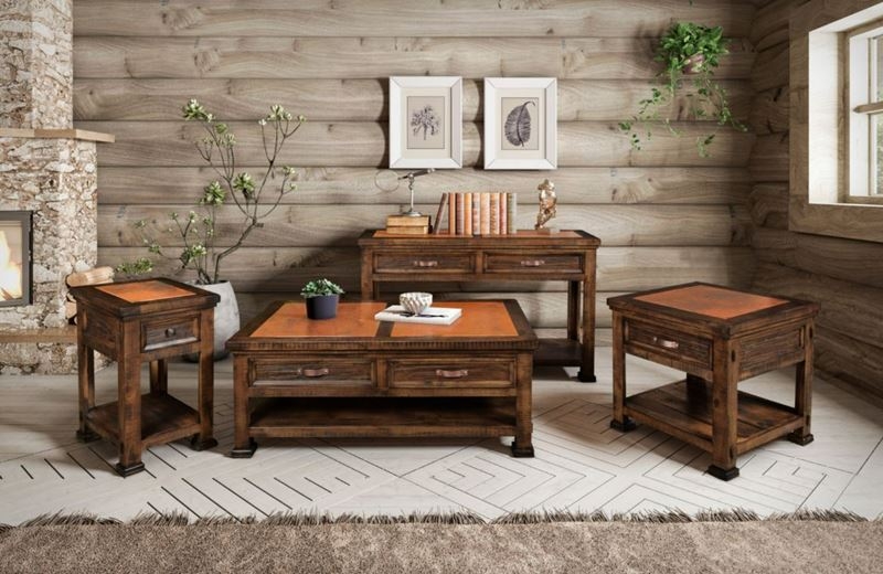 Coffee Table Set with Real Copper Inlays and Strap Drawer Pulls