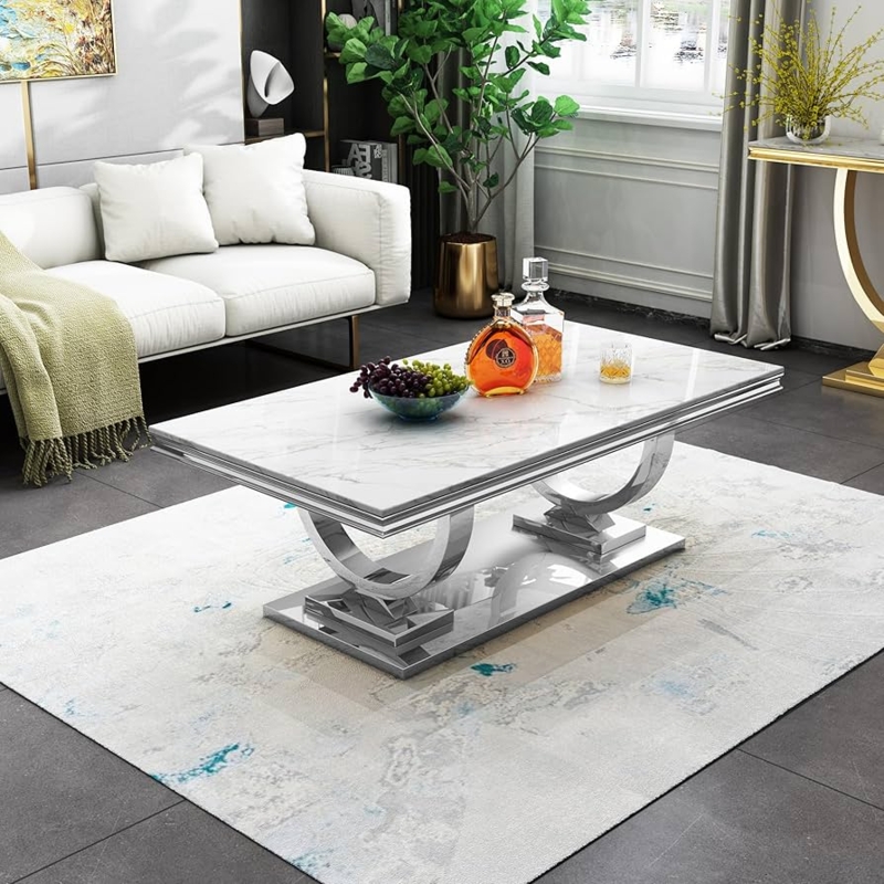 Coffee Table: Silver Pedestal Center Table with Tiered Marble Top