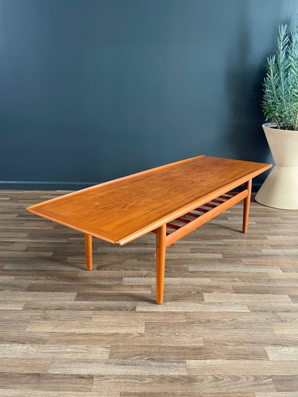 Coffee Table Slatted Magazine Shelf Upturned Edges Tapered Legs Danish.