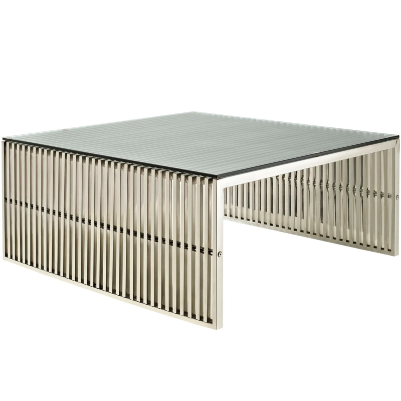 Coffee Table: Slatted Square Design with Polished Stainless Steel and Glass