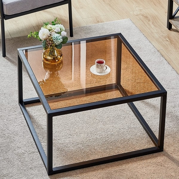 Coffee Table Square Amber Tinted Glass with Open Cube Metal Frame