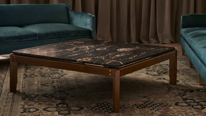 Coffee Table: Square Black Marble Walnut Frame Brass Hardware