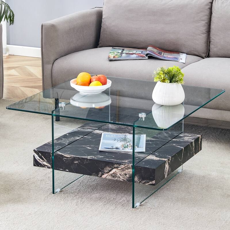 Coffee Table Square Glass Panel Legs Black Marble Effect Tier