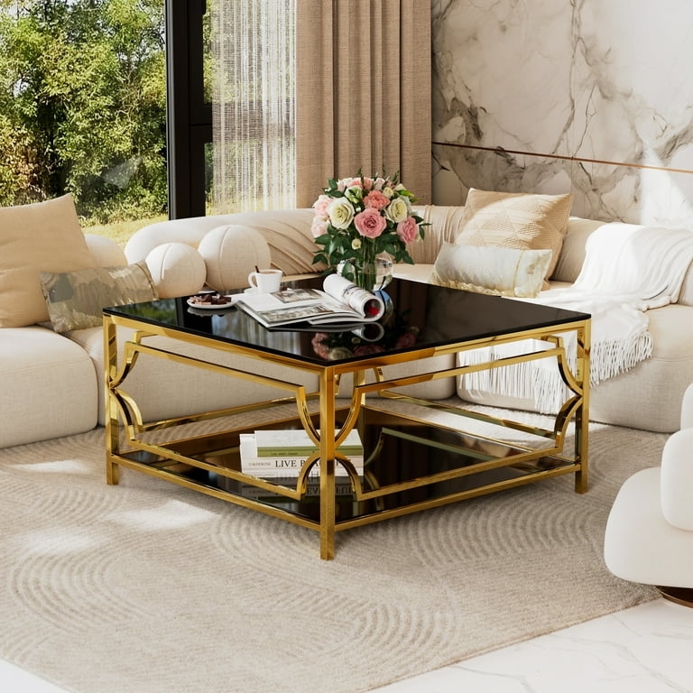Coffee Table Square Gold Geometric Metal Frame with Black Glass Top