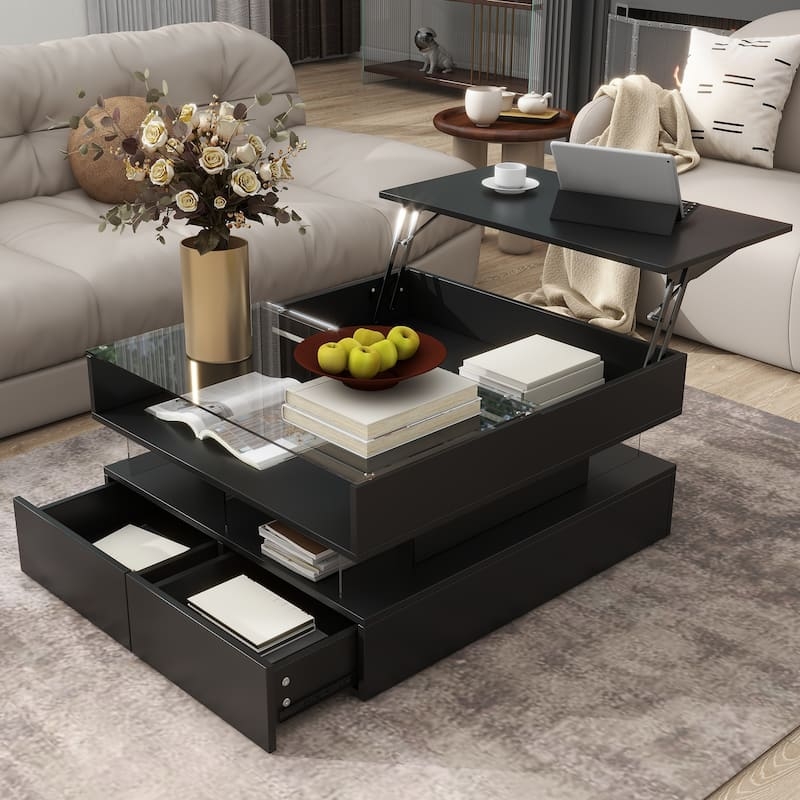 Coffee Table Square Lift-Top High-Gloss Black with Dual Drawers
