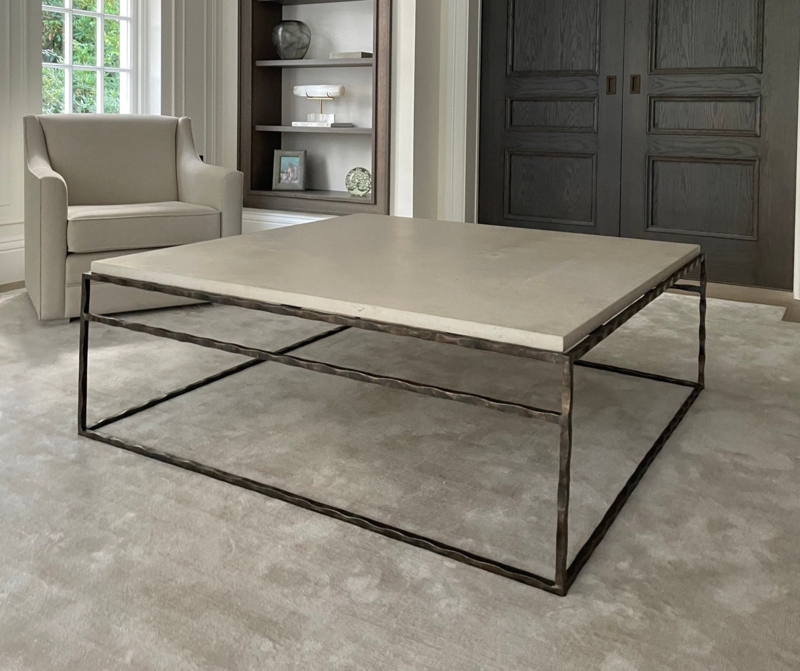 Coffee Table: Square Limestone Top Hand Forged Hammered Metal