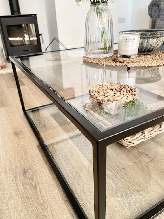 Coffee Table Square Matte Black Metal with Two-Tier Glass Shelves