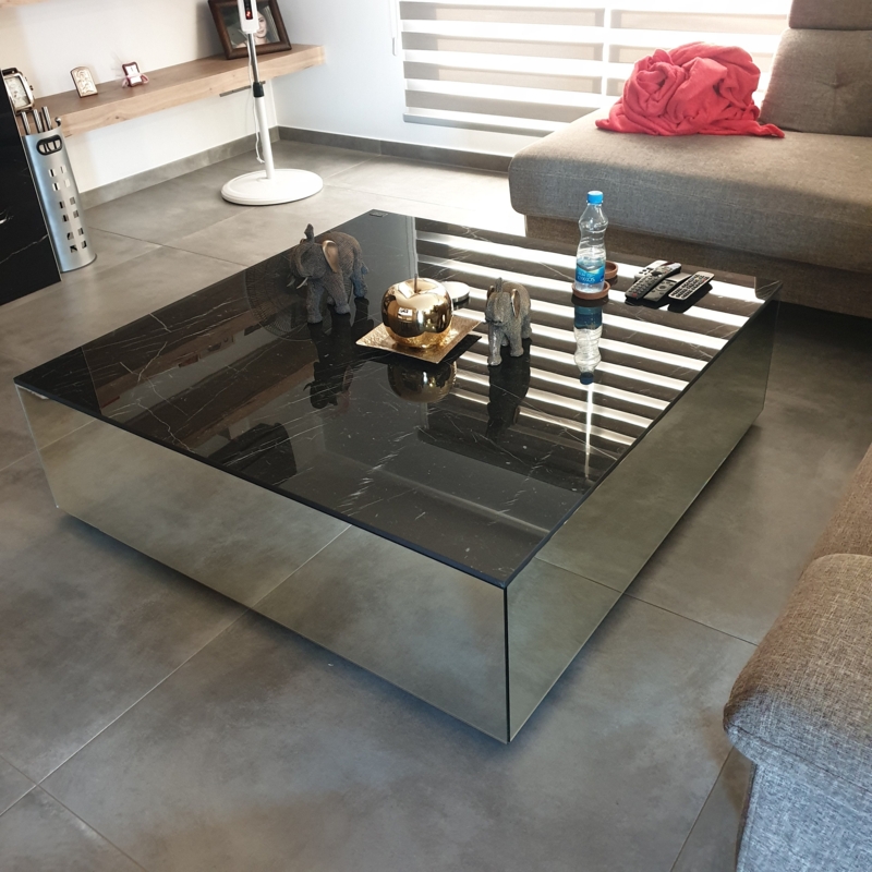 Coffee Table Square Plinth Black Porcelain Marble Top Mirrored Apron