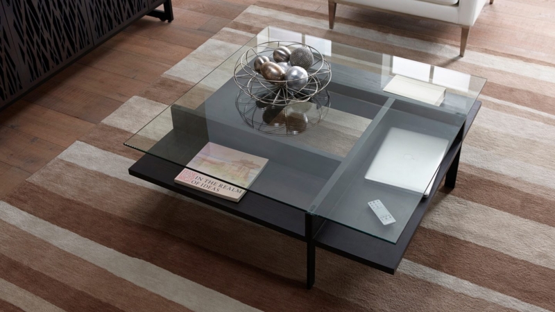 Coffee Table Square Thick Glass Top with Partitioned Storage Base