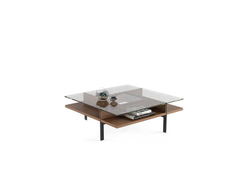 Coffee Table Square Tiered Glass and Walnut Wood Toned Display Shelf