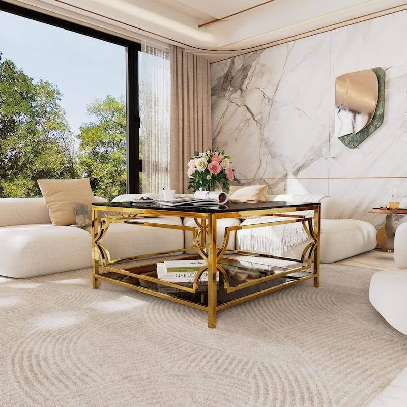 Coffee Table Square Two-Tier with Polished Gold Frame and Black Glass