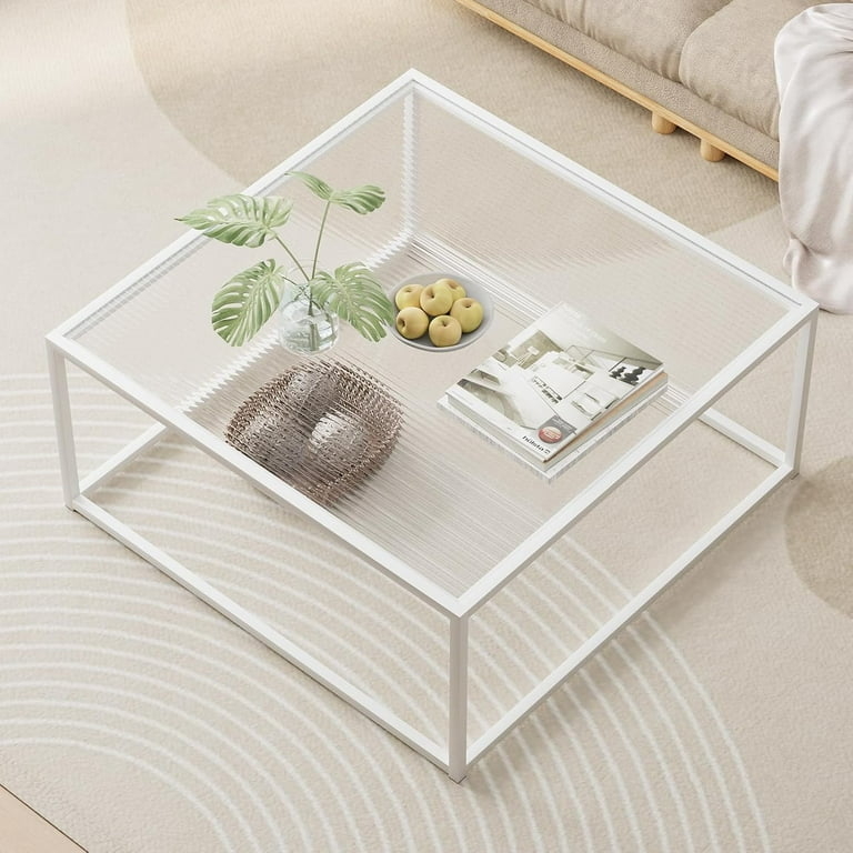 Coffee Table Square White Metal Frame with Reeded Glass Top Surface