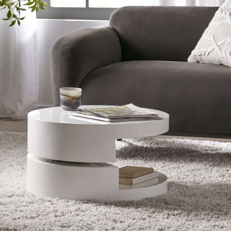 Coffee Table Swivel Mechanism Glossy White Circular Storage Tiered