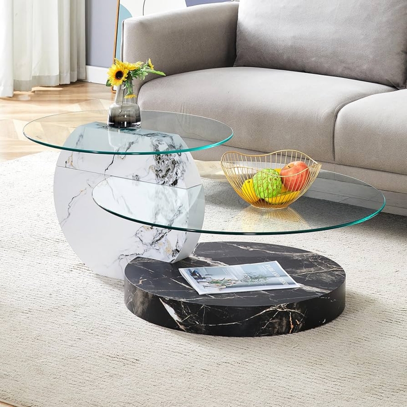 Coffee Table Three-Tier Sculptural Glass Mixed Marble Finishes