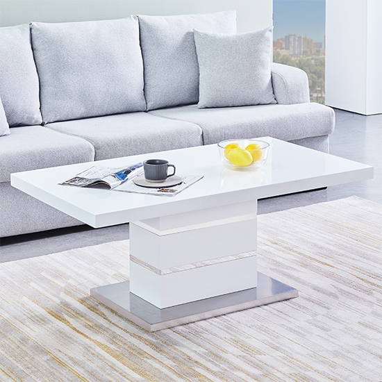 Coffee Table Tiered Column High Gloss White LED Pedestal Base