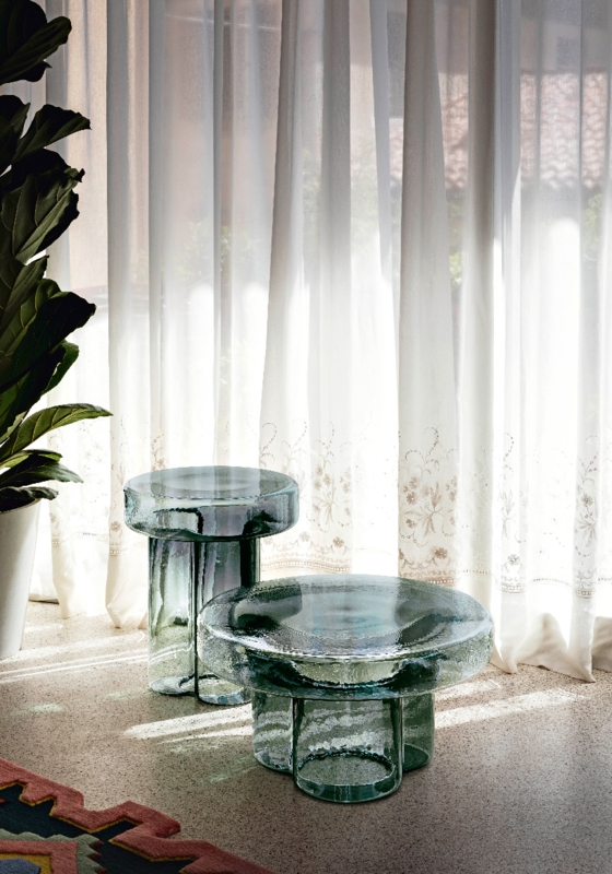 Coffee Table Translucent Teal Blown Glass Sculptural Rounded Top