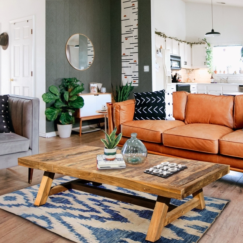 Coffee Table Trestle Base Plank Top Recycled Teak Rustic Farmhouse.