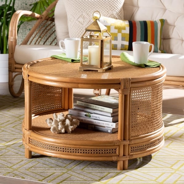 Coffee Table Two Tier Round Rattan with Bohemian Cane Webbing
