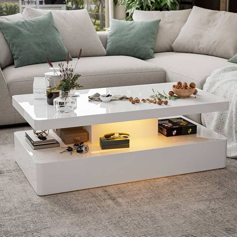 Coffee Table Two Tier Storage High Gloss White LED Rectangular