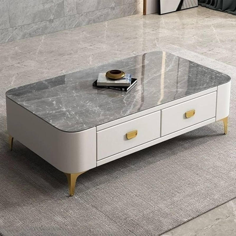 Coffee Table: White Base Two Drawers Stone Top Gold Legs