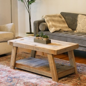 Coffee Table with Angled Legs and Weathered Two Tier Plank Design