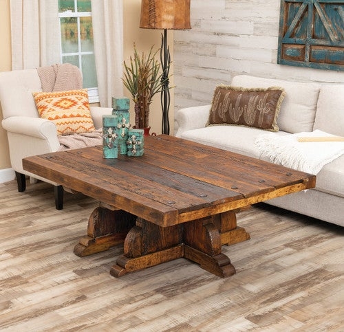 Coffee Table with Curved Trestle Base and Thick Plank Top
