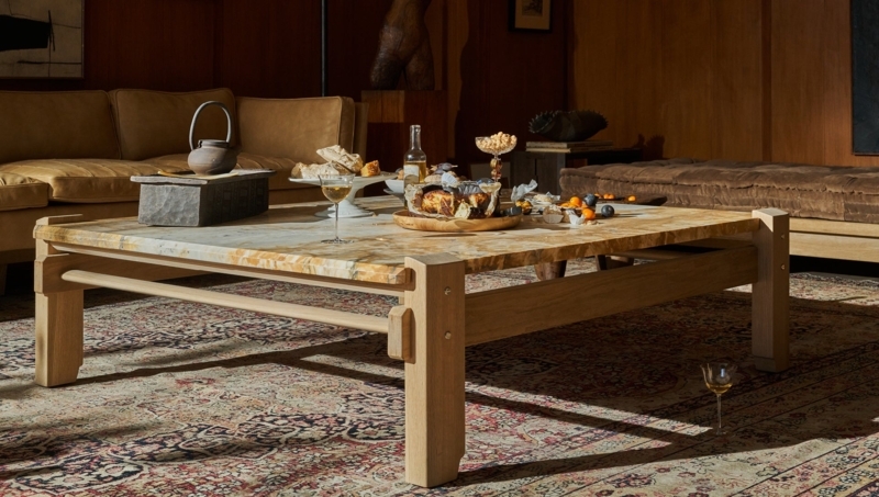 Coffee Table with Exposed Joinery, Veined Stone Slab, Wood Legs.