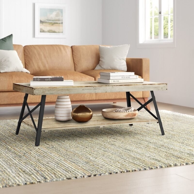 Coffee Table with Industrial Metal X Frame and Weathered Wood Tiers