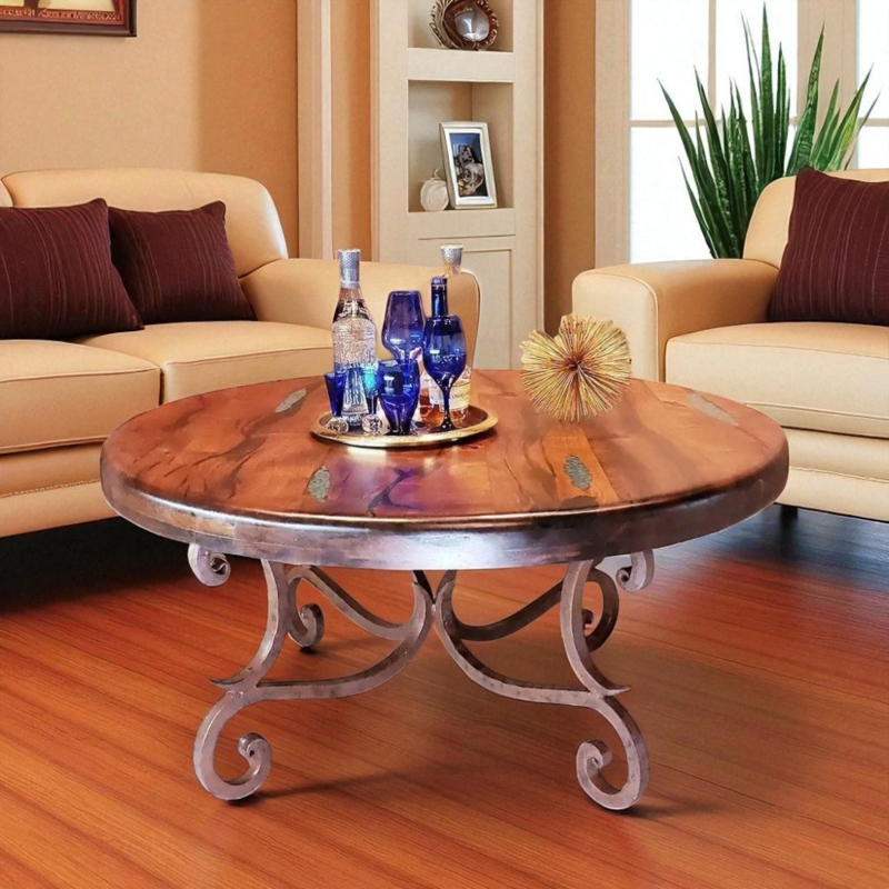 Coffee Table with Ornate Iron Scrollwork Base and Turquoise Inlay