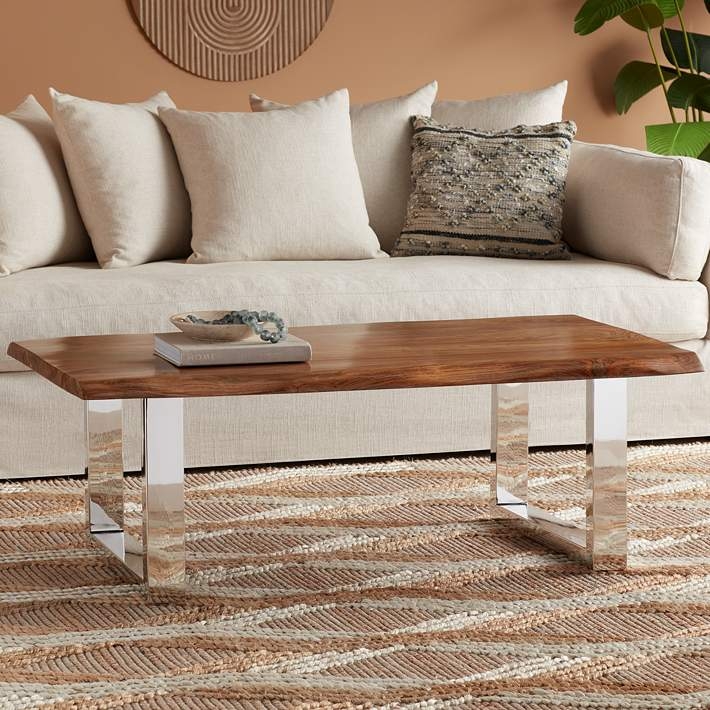 Coffee Table with Raw Edge Wood Top & Polished Chrome Sled Base
